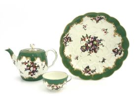 Worcester polychrome and chartreuse green border tea ware, Meissen crossed sword mark, circa 1760,