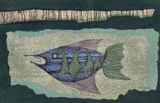 Fumio Fujita (Japanese, 1933), Untitled, (fish), signed l.r., woodcut, 23 by 36cm, with another,