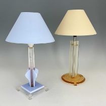 Two Modernist lucite and perspex table lamps, with matching conical shades, 40cm high (2)