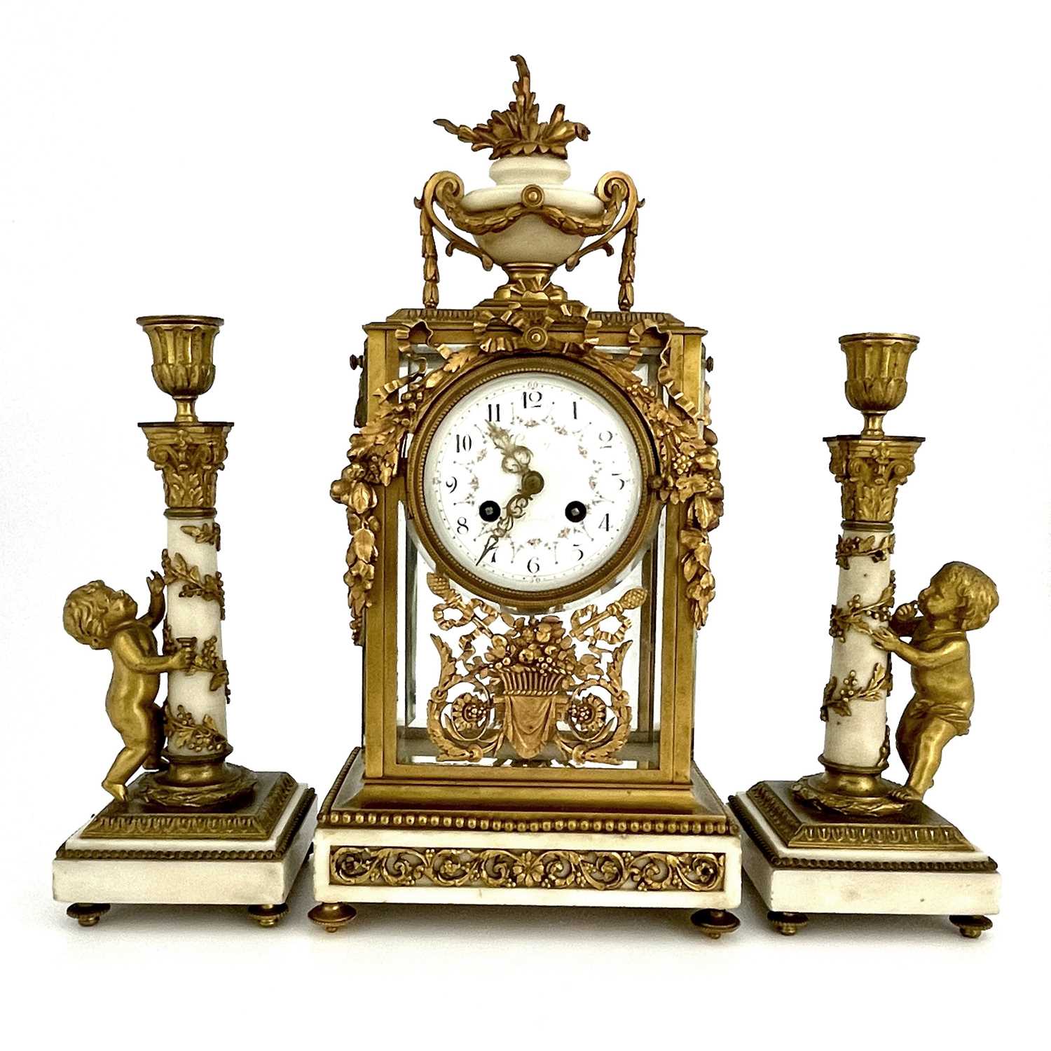 Leroy, Paris, a late 19th Century French clock garniture, gilt metal four-glass case with white - Image 2 of 5