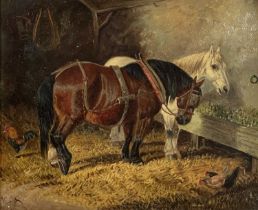 Samuel Joseph Clark (British, 1841-1928), two horses and chickens in a barn, signed l.l., oil on