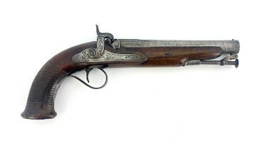 A 19th century officers percussion pistol, by Moore London, engraved to the plates with foliate