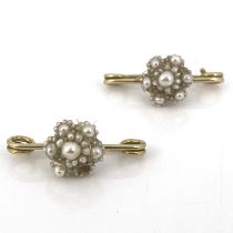 A pair of Victorian natural pearl cluster brooches, on yellow metal safety pins, 3cm long, 4.87g (