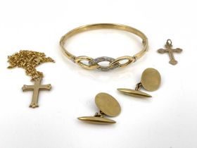 Gold jewellery including a gem set bangle, pair of 9 carat gold cufflinks, two pendant crosses and a