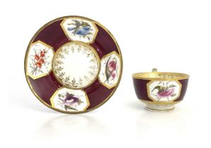 A Barr, Flight and Barr Royal Worcester floral specimen tea cup and saucer, maroon ground with