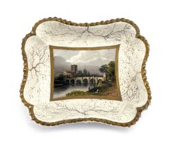 A Doe and Rogers, Worcester scene painted dish, the central image of Hereford Cathedral and