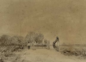David Cox (British, 1783-1859), figure on a donkey and a figure on a path approaching a house, ink/