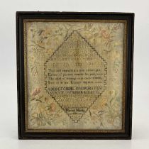 A George III Norfolk sampler, silk embroidered with alphabets and verses within floral border, named