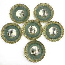 G H Evans for Royal Worcester, a set of six dessert plates, 1932, sage green powder ground with
