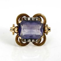 A yellow gold synthetic sapphire and white stone ring, ring size Q 1/2/R, 10.2g