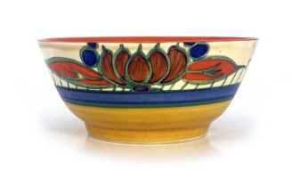 Clarice Cliff for Wilkinson, a Lily bowl, yellow, blue and orange bands, Fantasque marks, 16.5cm