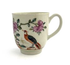 A Worcester polychrome coffee cup, circa 1768, painted with bird on a rock and peony design, 6.5cm
