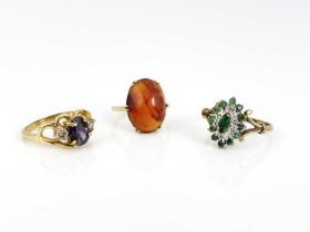 Three gold and gem set rings, including emeral cluster, amethyst and agate, sizes L 1/2, M 1/2 and P