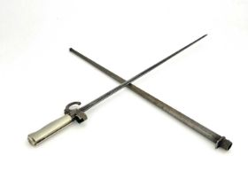 A French M1886 Lebel sword bayonet, cruciform blade, white metal grip and quillon, housed in steel
