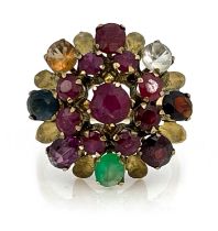 A 14k gold ruby and other gemstone 'Message Ring', ring size O 1/2/P, 4.8g