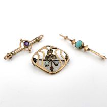 Three Arts and Crafts gold and gem set brooches, including George Walton, Chester, with opals and