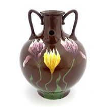 Julius Dressler, an Austrian Art Pottery double spouted bottle vase, Botijo type with two handles,