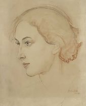 Imre Goth (Hungarian/British, 1893-1982), portrait of an auburn-haired beauty in profile, signed and