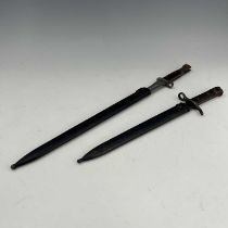 Two bayonets, Finnish M1927 Mosin-Nagant sword bayonet by Fiskars, two piece wooden grip housed in