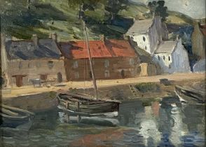 Style of Donald McIntyre, a coastal harbour scene with a fishing boat and donkey and cart, oil on