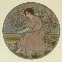 An Arts & Crafts design circular silk embroidery, in coloured and gold thread, portrait of a