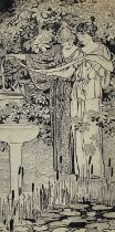 British School, circa 1890, The Bird Bath - two maidens beside a bird bath and pond in the Aesthetic