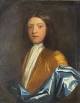 Circle of Sir Godfrey Kneller, portrait of a gentleman, half-length wearing a white stock, gold