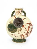 An Aesthetic Movement moon flask, possibly Minton, circa 1880, bead moulded twin handles, painted