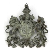 A Victorian cast lead Royal coat of arms plaque, modelled in relief and pierced, Royal Warrant type,