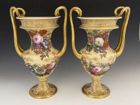 A pair of Copeland & Garrett porcelain pedestal vases, circa 1835, baluster form, with two gilded