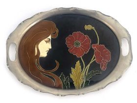 Carl Luber for Johann von Schwarz, an Art Nouveau dust pressed oval tray, decorated with a maiden