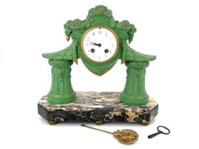 A Secessionist patinated art metal portico clock, circa 1920, the 4" white enamel dial supported