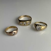 Three 9ct gold gem set rings, ring sizes: X, P 1/2, L/L 1/2, 11g (3)