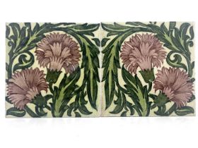 William De Morgan, a Carnation double tile panel, circa 1898, pink flowers and green foliage,
