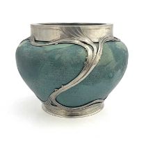 Orivit, a Jugendstil pewter mounted ceramic jardiniere, circa 1900, shouldered form, turquoise