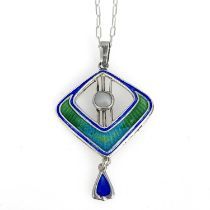 Charles Horner, an Arts and Crafts silver and enamelled pendant, Chester 1920, diamond shaped