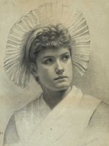 British School, late 19th Century, portrait of a lady, bust-length wearing a pleated headdress,