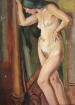 Harry Barr (British, 20th Century), Female nude by a cheval mirror, oil on canvas, 74 by 55cm,