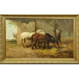 19th century British School, Horses in a Barn, oil on canvas, indistinctly signed lower left, H.57cm