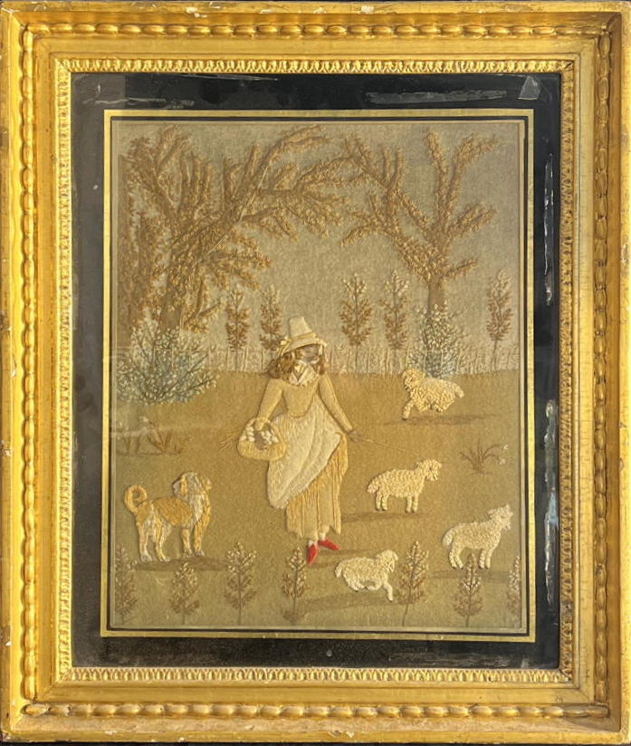 Early 19th century sampler depicting a shepherdess with sheep, possibly an American folk art