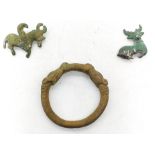 Two fine ancient Persian Sassanian silver animal shaped pins and another Luristan bronze