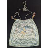 A 19th century Straits Chinese or Peranakan embroidered blue silk bag with phoenix and floral