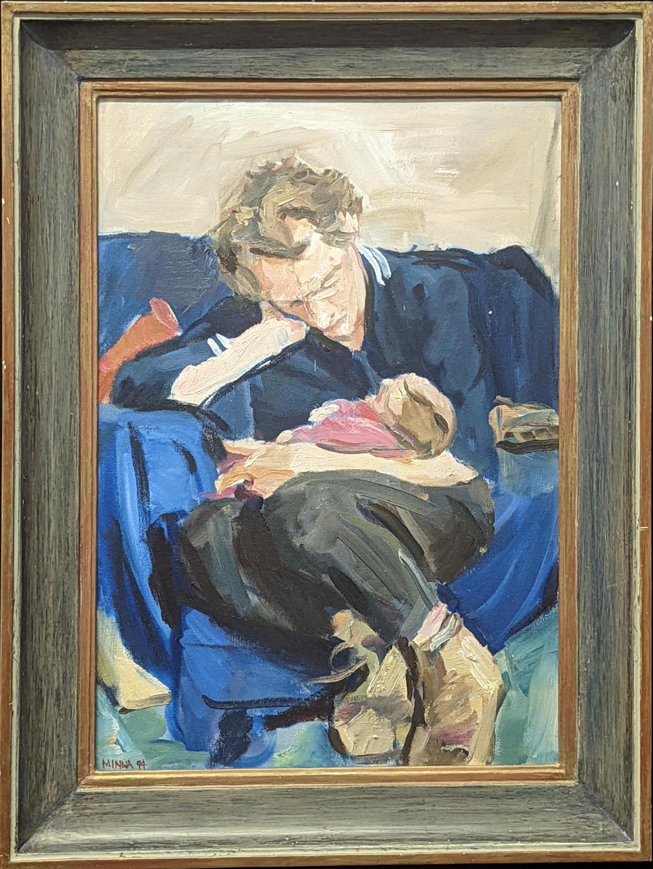 20th century British School, father nursing a baby, oil on canvas, signed lowe left MINA and dated