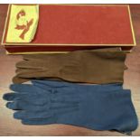 2 pairs of French suede gloves, blue and brown, size 6.5