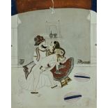 19th century Indian School, miniature of a King embraced in an erotic position, Rajasthan, H.19cm