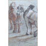 Late 19th/early 20th century British, study of cart horses, charcoal and pastel drawing on paper,