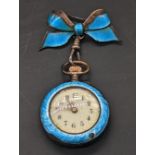 Early 20th century blue enamelled pocket watch with bow pin attachment, case diameter 3cm