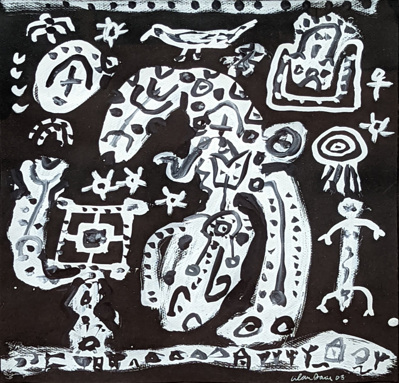 Alan Davie (1920-2014), Bird's Puzzle for a Monkey, 2003, white gouache on black paper, signed and