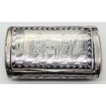 A 19th century Russian Niello silver snuff box, the lid depicting a man playing an instrument to a
