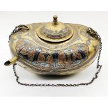 A fine 19th century Islamic Damascus silver and copper inlaid brass Kashkul bowl, L.19cm
